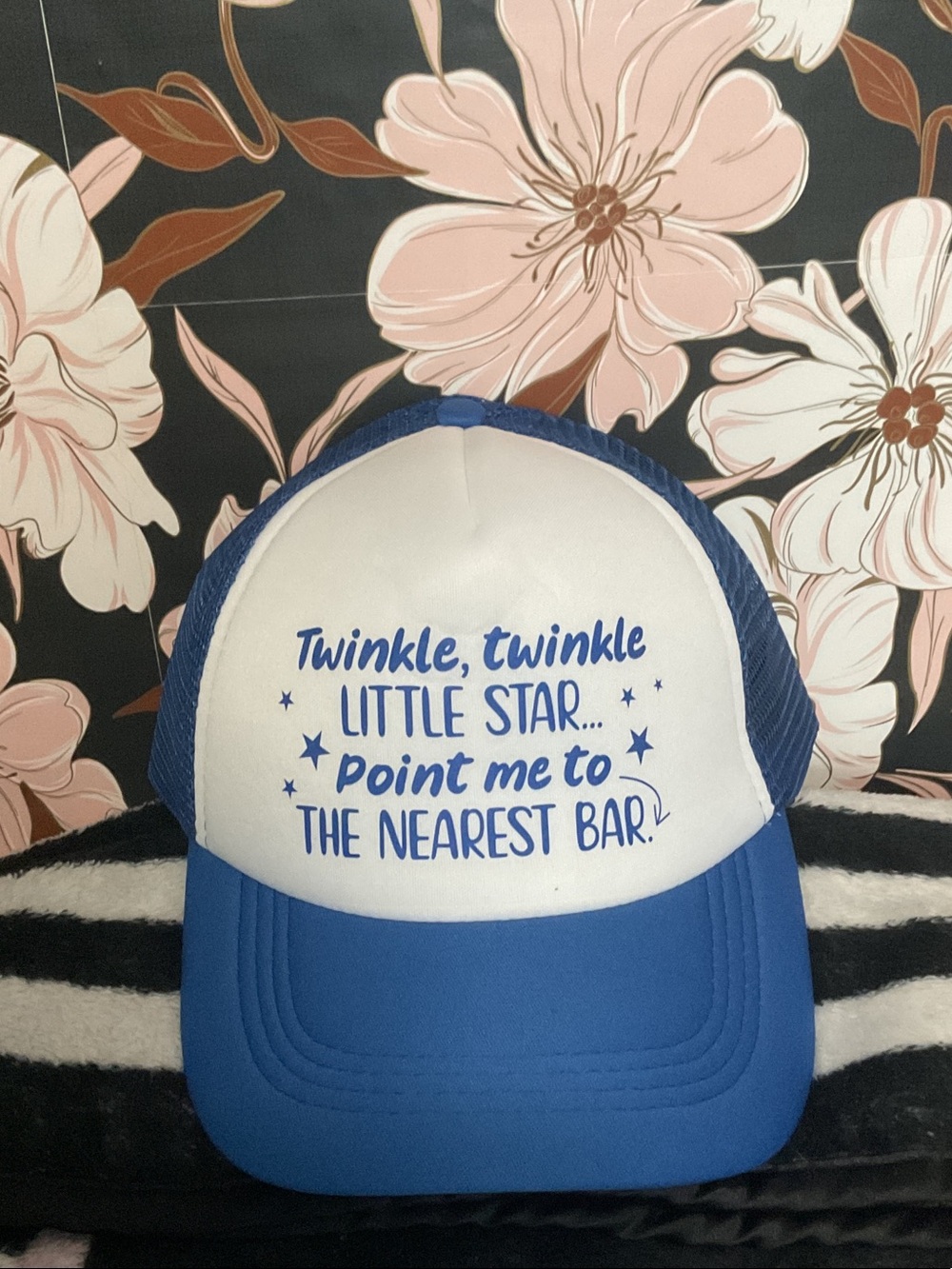Blue and White Adult Trucker Hat with Fun 'Twinkle Little Star' Print